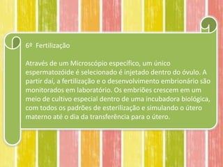 6º Fertilização

Através de um Microscópio específico, um único
espermatozóide é selecionado é injetado dentro do óvulo. A
partir daí, a fertilização e o desenvolvimento embrionário são
monitorados em laboratório. Os embriões crescem em um
meio de cultivo especial dentro de uma incubadora biológica,
com todos os padrões de esterilização e simulando o útero
materno até o dia da transferência para o útero.
 