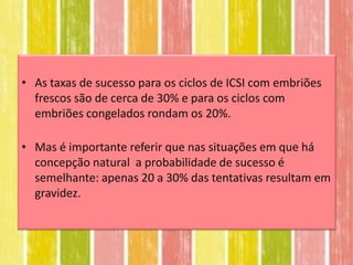• As taxas de sucesso para os ciclos de ICSI com embriões
  frescos são de cerca de 30% e para os ciclos com
  embriões congelados rondam os 20%.

• Mas é importante referir que nas situações em que há
  concepção natural a probabilidade de sucesso é
  semelhante: apenas 20 a 30% das tentativas resultam em
  gravidez.
 