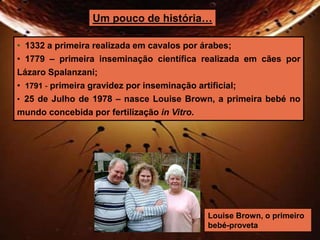 Um pouco de história… 
• 1332 a primeira realizada em cavalos por árabes; 
• 1779 – primeira inseminação científica realizada em cães por 
Lázaro Spalanzani; 
• 1791 - primeira gravidez por inseminação artificial; 
• 25 de Julho de 1978 – nasce Louise Brown, a primeira bebé no 
mundo concebida por fertilização in Vitro. 
Louise Brown, o primeiro 
bebé-proveta 
 