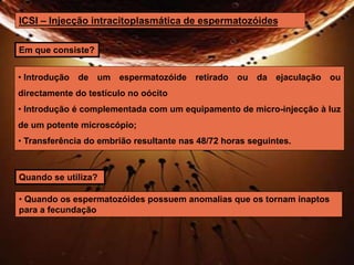 ICSI – Injecção intracitoplasmática de espermatozóides 
Em que consiste? 
• Introdução de um espermatozóide retirado ou da ejaculação ou 
directamente do testículo no oócito 
• Introdução é complementada com um equipamento de micro-injecção à luz 
de um potente microscópio; 
• Transferência do embrião resultante nas 48/72 horas seguintes. 
Quando se utiliza? 
• Quando os espermatozóides possuem anomalias que os tornam inaptos 
para a fecundação 
 
