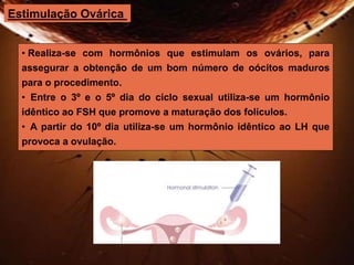 Estimulação Ovárica 
• Realiza-se com hormônios que estimulam os ovários, para 
assegurar a obtenção de um bom número de oócitos maduros 
para o procedimento. 
• Entre o 3º e o 5º dia do ciclo sexual utiliza-se um hormônio 
idêntico ao FSH que promove a maturação dos folículos. 
• A partir do 10º dia utiliza-se um hormônio idêntico ao LH que 
provoca a ovulação. 
 