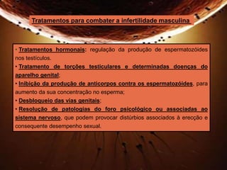 Tratamentos para combater a infertilidade masculina 
• Tratamentos hormonais: regulação da produção de espermatozóides 
nos testículos. 
• Tratamento de torções testiculares e determinadas doenças do 
aparelho genital; 
• Inibição da produção de anticorpos contra os espermatozóides, para 
aumento da sua concentração no esperma; 
• Desbloqueio das vias genitais; 
• Resolução de patologias do foro psicológico ou associadas ao 
sistema nervoso, que podem provocar distúrbios associados à erecção e 
consequente desempenho sexual. 
 