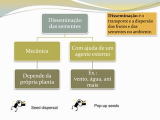 Disseminaçãoé o transporte e a dispersão dos frutos e das sementes no ambiente. Pop-upseedsSeeddispersal