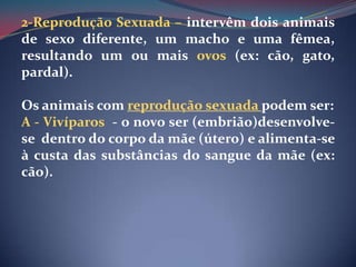 2-Reprodução Sexuada – intervêm dois animais de sexo diferente, um macho e uma fêmea, resultando um ou mais ovos (ex: cão, gato, pardal).Os animais com reprodução sexuada podem ser:A - Vivíparos  - o novo ser (embrião)desenvolve-se  dentro do corpo da mãe (útero) e alimenta-se à custa das substâncias do sangue da mãe (ex: cão).