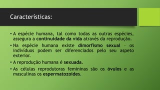 Características:
• A espécie humana, tal como todas as outras espécies,
assegura a continuidade da vida através da reprodução.
• Na espécie humana existe dimorfismo sexual – os
indivíduos podem ser diferenciados pelo seu aspeto
exterior.
• A reprodução humana é sexuada.
• As células reprodutoras femininas são os óvulos e as
masculinas os espermatozoides.
 