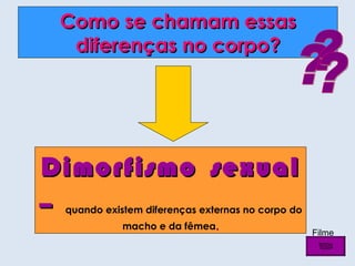 Como se chamam essas diferenças no corpo? ? ? ? Dimorfismo   sexual –   quando existem diferenças externas no corpo do macho e da fêmea . Filme  