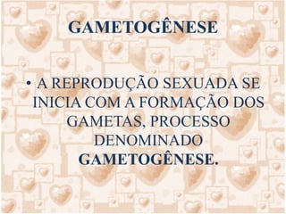 GAMETOGÊNESEA REPRODUÇÃO SEXUADA SE INICIA COM A FORMAÇÃO DOS GAMETAS, PROCESSO DENOMINADO GAMETOGÊNESE.