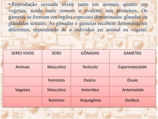 Reprodução sexuada existe tanto em animais quanto em vegetais, sendo mais comum e evidente nos primeiros. Os gametas se formam em órgãos especiais denominados gônadas ou glândulas sexuais. As gônadas e gametas recebem denominações diferentes, dependendo de o indivíduo ser animal ou vegetal. 