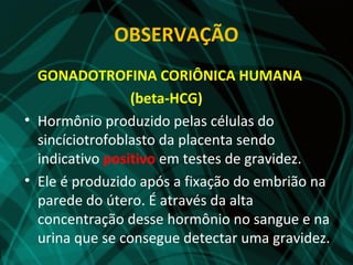 OBSERVAÇÃO
  GONADOTROFINA CORIÔNICA HUMANA
                 (beta-HCG)
• Hormônio produzido pelas células do
  sincíciotrofoblasto da placenta sendo
  indicativo positivo em testes de gravidez.
• Ele é produzido após a fixação do embrião na
  parede do útero. É através da alta
  concentração desse hormônio no sangue e na
  urina que se consegue detectar uma gravidez.
 