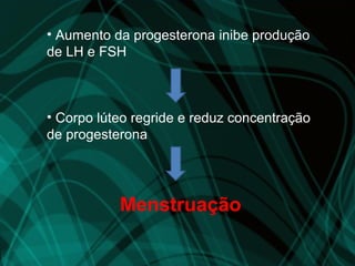 • Aumento da progesterona inibe produção
de LH e FSH



• Corpo lúteo regride e reduz concentração
de progesterona




           Menstruação
 