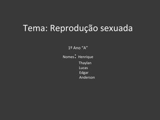 Tema: Reprodução sexuada 
1º Ano “A” 
Nomes: Henrique 
Thaylan 
Lucas 
Edgar 
Anderson 
 