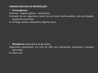FORMAS ESPECIAIS DE REPRODUÇÃO Partenogênese Partenos –  virginal;  gênese  – nascimento. Formação de um organismo a partir de um óvulo não-fecundado, sem participação de gameta masculino. Ex: formiga, abelha, salamandra, lagartos, peru. Metagênese  (alternância de gerações) Organismos apresentam um ciclo de vida com reprodução assexuada e sexuada alternadas. Ex: Água-viva. 