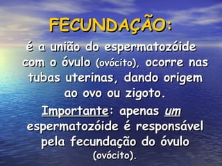 FECUNDAÇÃO: é a união do espermatozóide com o óvulo  (ovócito),  ocorre nas tubas uterinas, dando origem ao ovo ou zigoto. Importante : apenas  um  espermatozóide é responsável pela fecundação do óvulo  (ovócito). 