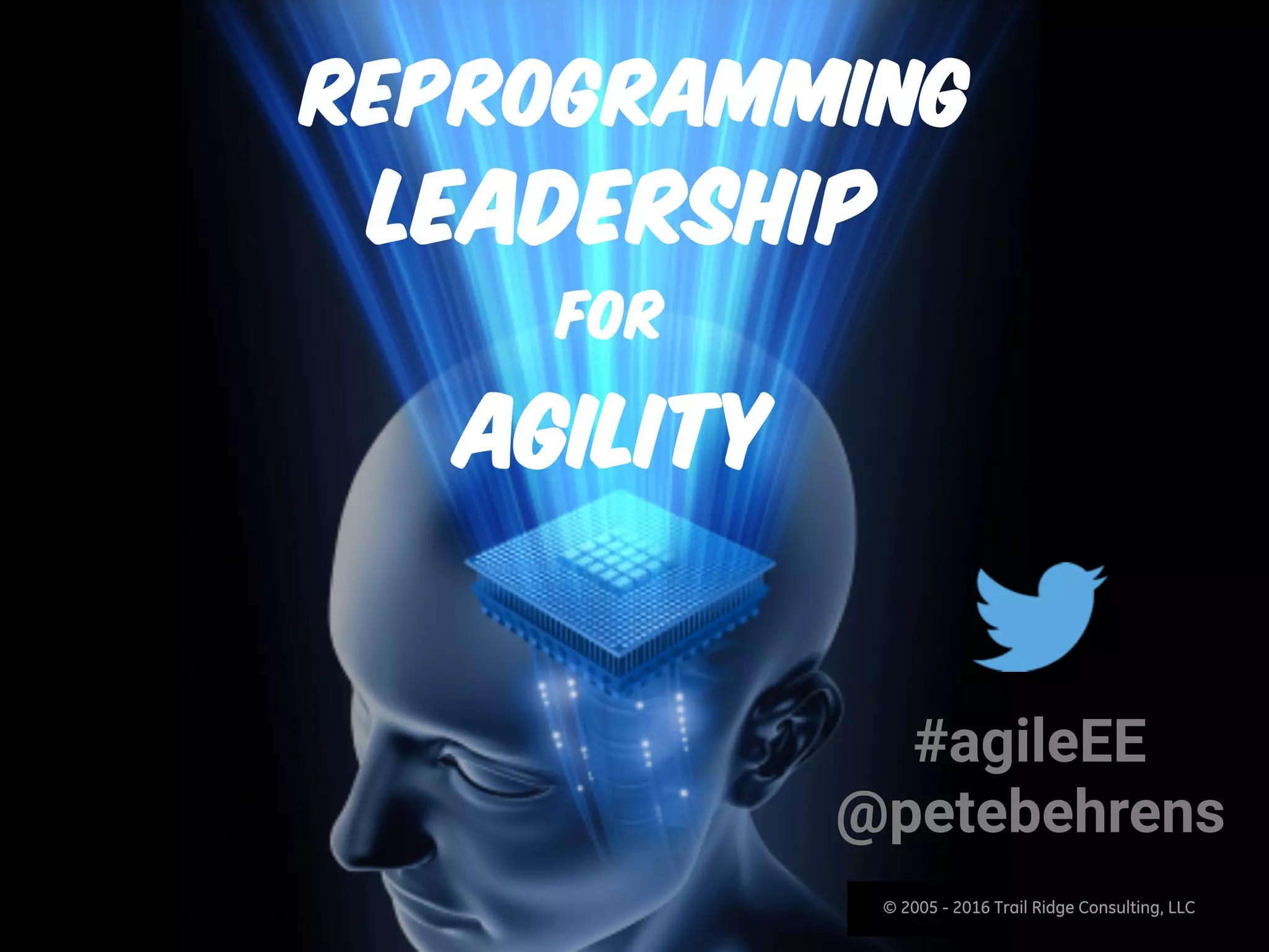 © 2005 - 2016 Trail Ridge Consulting, LLC
Reprogramming
#agileEE
@petebehrens
For
Agility
Leadership
© 2005 - 2016 Trail Ridge Consulting, LLC
 