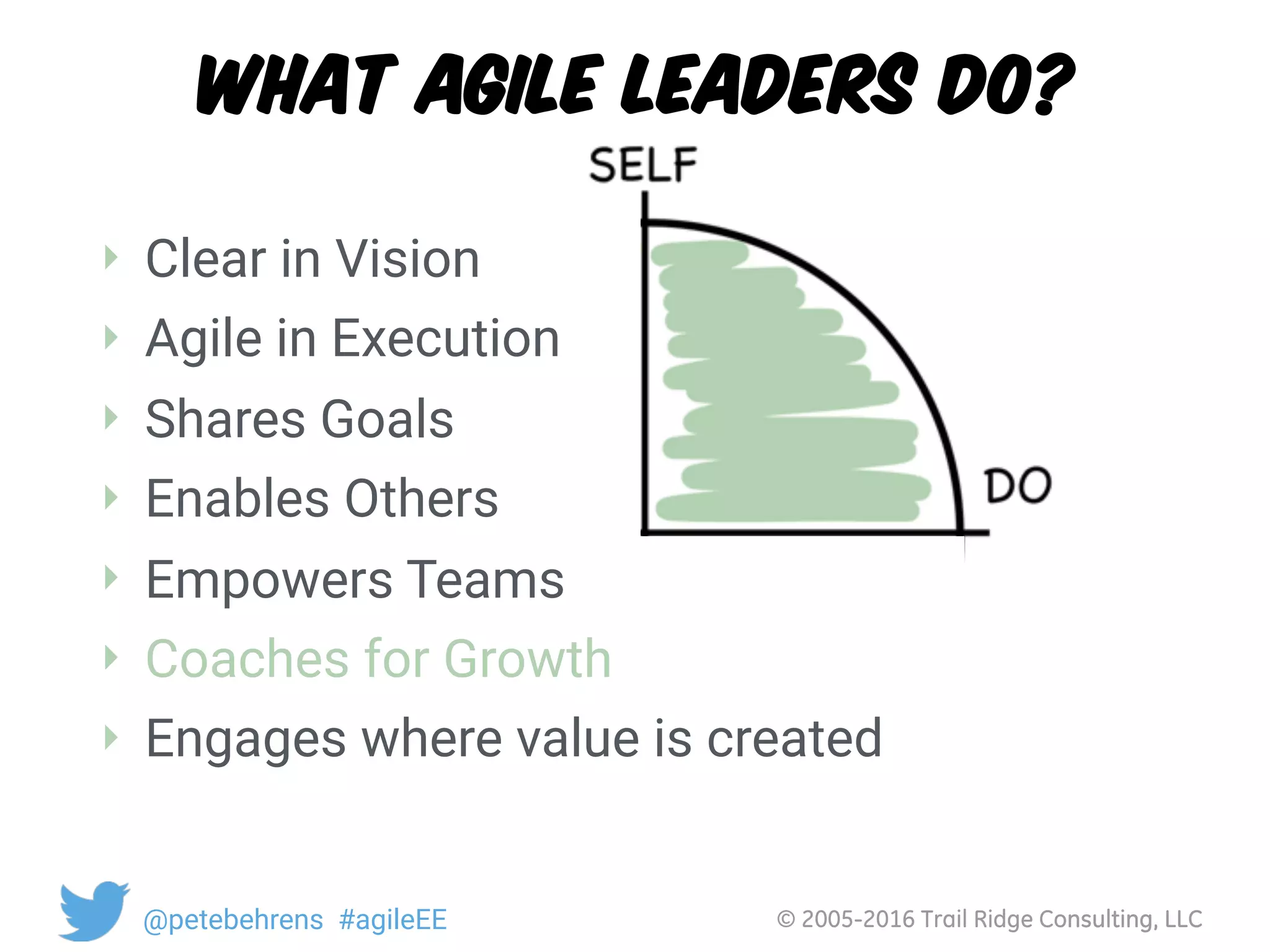 © 2005-2016 Trail Ridge Consulting, LLC@petebehrens #agileEE
What Agile Leaders Do?
‣ Clear in Vision
‣ Agile in Execution
‣ Shares Goals
‣ Enables Others
‣ Empowers Teams
‣ Coaches for Growth
‣ Engages where value is created
© 2005-2016 Trail Ridge Consulting, LLC@petebehrens #agileEE
 