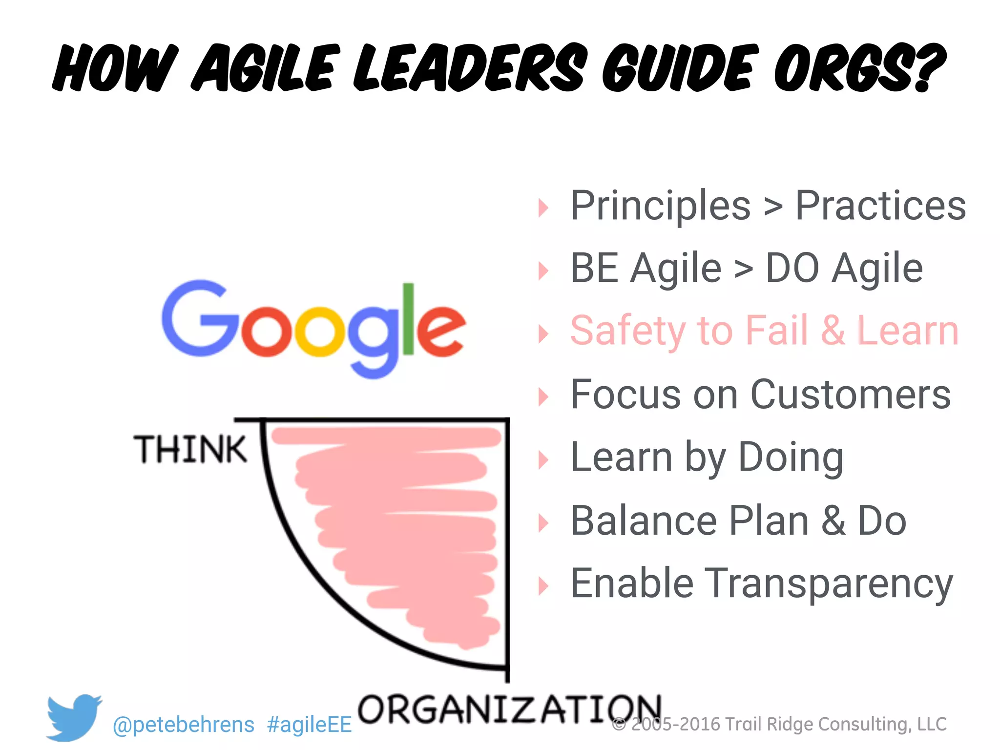 © 2005-2016 Trail Ridge Consulting, LLC@petebehrens #agileEE
How Agile leaders Guide Orgs?
‣ Principles > Practices
‣ BE Agile > DO Agile
‣ Safety to Fail & Learn
‣ Focus on Customers
‣ Learn by Doing
‣ Balance Plan & Do
‣ Enable Transparency
© 2005-2016 Trail Ridge Consulting, LLC@petebehrens #agileEE
 