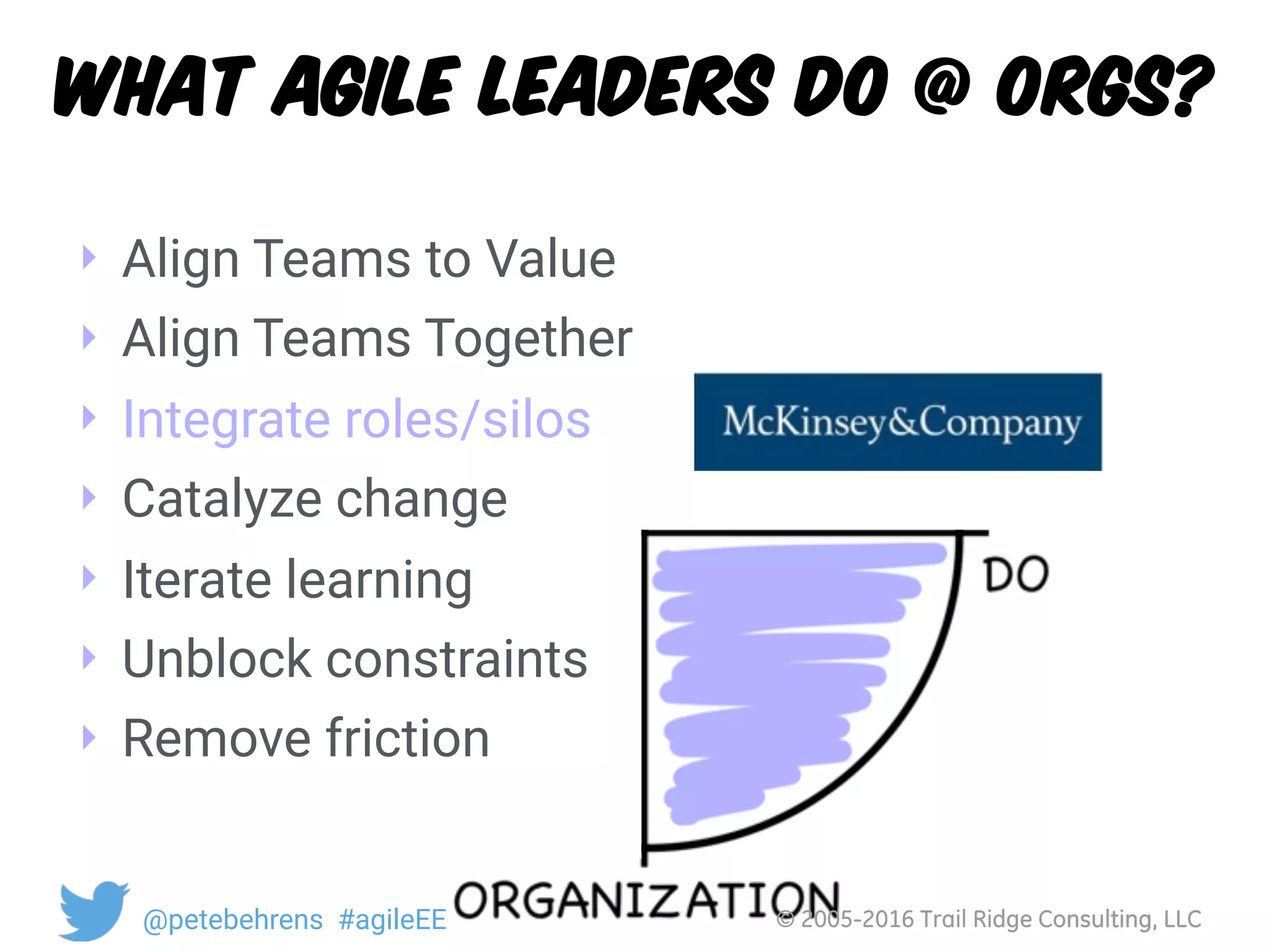© 2005-2016 Trail Ridge Consulting, LLC@petebehrens #agileEE
What AGILE LEADERs do @ OrgS?
‣ Align Teams to Value
‣ Align Teams Together
‣ Integrate roles/silos
‣ Catalyze change
‣ Iterate learning
‣ Unblock constraints
‣ Remove friction
© 2005-2016 Trail Ridge Consulting, LLC@petebehrens #agileEE
 