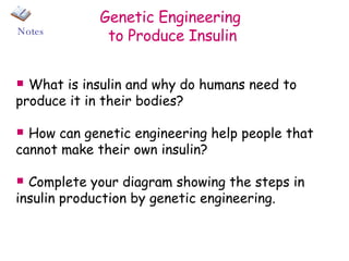 Genetic Engineering  to Produce Insulin What is insulin and why do humans need to produce it in their bodies? How can genetic engineering help people that cannot make their own insulin? Complete your diagram showing the steps in insulin production by genetic engineering. Notes 