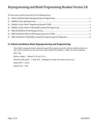 Page 1 of 6 6/20/2019
Reprogramming and Blank Programming Readme Version 3.8
This document contains instructions for the following items:
1) Vehicle Conditions When Reprogramming and Programming:..............................................................................1
2) CONSULT-III plus Reprogramming ..........................................................................................................................2
3) CONSULT-III plus "Blank" Programming (except IK TCM) .......................................................................................2
4) CONSULT-III plus “Blank” IK TCM (RWD 5-speed A/T) Programming.....................................................................3
5) NERS-J2534 ECM and TCM Reprogramming...........................................................................................................4
6) NERS-J2534 Blank ECM and TCM Programming (non-IK TCM)...............................................................................5
7) NERS-J2534 Blank IK TCM (RWD 5-speed A/T) Programming and Configuration ..................................................6
1) Vehicle Conditions When Reprogramming and Programming:
When either reprogramming or programming an ECU, please ensure the vehicle conditions below are
met. If the conditions are not met, Error code N_CAN_ECM_SC002-3_1-NRC=22 will be displayed.
IGN = ON.
Battery voltage = between 12.0 and 15.5 v.
Electricity load signal = Must be 0. (Defogger off, Wiper off, heater fan off, etc,)
Engine RPM = 0 rpm.
Radiator fan = OFF.
 