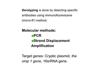 Serotyping is done by detecting specific
antibodies using immunofluorescene
(micro-IF) method.
Molecular methods:
PCR
Strand Displacement
Amplification
Target genes: Cryptic plasmid, the
omp 1 gene, 16srRNA gene.
 