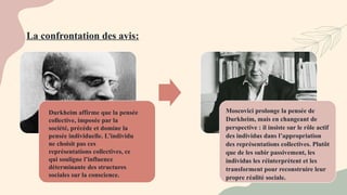 Durkheim affirme que la pensée
collective, imposée par la
société, précède et domine la
pensée individuelle. L’individu
ne choisit pas ces
représentations collectives, ce
qui souligne l’influence
déterminante des structures
sociales sur la conscience.
Moscovici prolonge la pensée de
Durkheim, mais en changeant de
perspective : il insiste sur le rôle actif
des individus dans l’appropriation
des représentations collectives. Plutôt
que de les subir passivement, les
individus les réinterprètent et les
transforment pour reconstruire leur
propre réalité sociale.
La confrontation des avis:
 