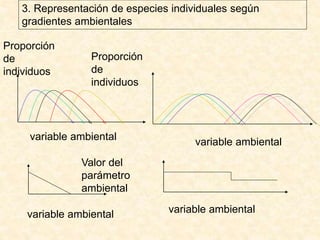 3. Representación de especies individuales según
gradientes ambientales
Proporción
de
individuos
variable ambiental
Valor del
parámetro
ambiental
variable ambiental
variable ambiental
variable ambiental
Proporción
de
individuos
 