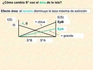 Efecto área: el tamaño disminuye la tasa máxima de extinción
¿Cómo cambia S* con el área de la isla?
I(S)
I0
E(S)
EpB
EpA
S*A
S*B
+ chica
+ grande
A, B
 