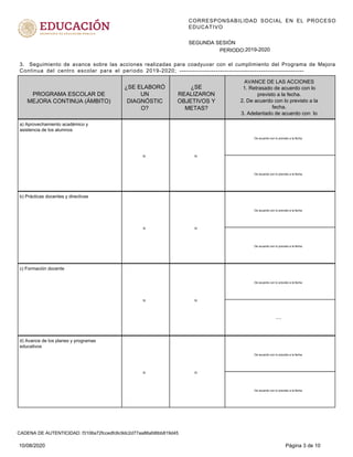 CORRESPONSABILIDAD SOCIAL EN EL PROCESO
EDUCATIVO
PERIODO:
SEGUNDA SESIÓN
2019-2020
3. Seguimiento de avance sobre las acciones realizadas para coadyuvar con el cumplimiento del Programa de Mejora
Continua del centro escolar para el periodo 2019-2020; ----------------------------------------------------------
PROGRAMA ESCOLAR DE
MEJORA CONTINUA (ÁMBITO)
¿SE
REALIZARON
OBJETIVOS Y
METAS?
¿SE ELABORÓ
UN
DIAGNÓSTIC
O?
AVANCE DE LAS ACCIONES
1. Retrasado de acuerdo con lo
previsto a la fecha.
2. De acuerdo con lo previsto a la
fecha.
3. Adelantado de acuerdo con lo
SI
De acuerdo con lo previsto a la fecha.
a) Aprovechamiento académico y
asistencia de los alumnos
SI
De acuerdo con lo previsto a la fecha.
SI
De acuerdo con lo previsto a la fecha.
b) Prácticas docentes y directivas
SI
De acuerdo con lo previsto a la fecha.
SI
------
c) Formación docente
SI
De acuerdo con lo previsto a la fecha.
SI
De acuerdo con lo previsto a la fecha.
d) Avance de los planes y programas
educativos
SI
De acuerdo con lo previsto a la fecha.
10/08/2020 Página 3 de 10
CADENA DE AUTENTICIDAD: f3106a72fccedfc6c9dc2d77aa86afd6bb819d45
 