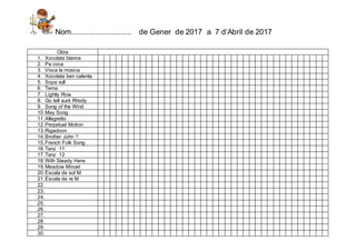 Nom............................ de Gener de 2017 a 7 d’Abril de 2017
Obra
1. Xocolata blanca
2. Pa coca
3. Visca la música...