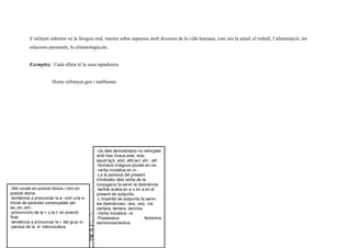 S´utilizen sobretor en la llengua oral, tracten sobre aspectos molt diversos de la vida humana, com ara la salud, el treball, l´alimentació, les
relacions personals, la climatologia,etc.
Exemples: Cada olleta té la seua tapadoreta.
Home refranyer,gos i malfaener.
Llengua i Societat Subdialectes
Dialectolog,ia:
els parlars
valencians
Generalmente son de parla valenciana les
comarques costaneres i centrals. Les seues
caracteristiques son:
fonética
-Set vocals en posició tònica i cinc en
posició àtona.
-tendencia a pronunciar la a- com una e-
inicial de paraules començades per
es-,en-,em-.
-pronuncicio de la r- y la t- en posició
final.
-tendéncia a pronunciar la i- del grup ix-.
-perdua de la -d- intervocàlica.
-Ús dels demostratius no reforçatsi
amb tres Graus:este, eixe,
aquel;açó, aixó, alló;ací, ahí , allí.
-formacio d’alguns plurals en ns-.
-verbs incoatius en ix-.
-La la persona del present
d’indicatiu dels verbs de la
conjugacio fa servir la desinència.
-també acaba en e o en a en el
present de subjuntiu
-L’imperfet de subjuntiu fa servir
les desinències –ara, -era, -ira:
cantara, temera, dormira
-Verbs incoatius –ix
-Possessius femenins
semiconsonàntica.
 