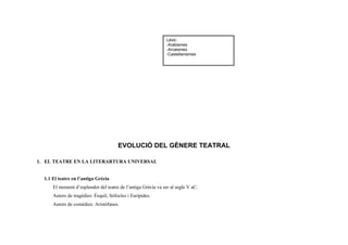 EVOLUCIÓ DEL GÈNERE TEATRAL
1. EL TEATRE EN LA LITERARTURA UNIVERSAL
1.1 El teatre en l’antiga Grècia
El moment d’esplendor del teatre de l’antiga Grècia va ser al segle V aC.
Autors de tragèdies: Èsquil, Sòfocles i Eurípides.
Autors de comèdies: Aristòfanes.
Lèxic:
-Arabismes
-Arcaismes
-Castellanismes
 
