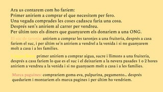 Ara us contarem com ho faríem:
Primer aniriem a comprar el que necesitem per fero.
Una vegada comprades les coses cadascu faria una cosa.
Després sen’s aniriem al carrer per vendreu.
Per últim tots els diners que guanyarem els donariem a una ONG.
El suc de taronja: aniriem a comprar les taronjes a una fruiteria, després a casa
fariem el suc, i per últim se’n aniriem a vendrel a la venida i si no guanyarem
molt a casa i a les families.
L’aigua llimo: primer aniriem a comprar aigua, sucre i llimons a una fruiteria,
després a casa fariem lo que es el suc i el deixariem a la nevera pasades 1 o 2 hores
aniriem a vendreu a la venida i si no guanyaem molt a casa i a les families.
Marca paguines: comprariem goma eva, pulpurina, pegamento… després
quedariem i montariem els marca pagines i per últim ho vendriem.
 