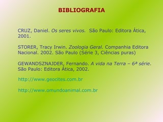 BIBLIOGRAFIA CRUZ, Daniel.  Os seres vivos.  São Paulo: Editora Ática, 2001. STORER, Tracy Irwin.  Zoologia Geral.  Companhia Editora Nacional. 2002. São Paulo (Série 3, Ciências puras) GEWANDSZNAJDER, Fernando.  A vida na Terra – 6ª série . São Paulo: Editora Ática, 2002. http://www.geocites.com. br http://www.omundoanimal.com. br 