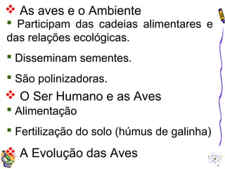  As aves e o Ambiente 
 Participam das cadeias alimentares e 
das relações ecológicas. 
 Disseminam sementes. 
 São polinizadoras. 
 O Ser Humano e as Aves 
 Alimentação 
 Fertilização do solo (húmus de galinha) 
 A Evolução das Aves 
 