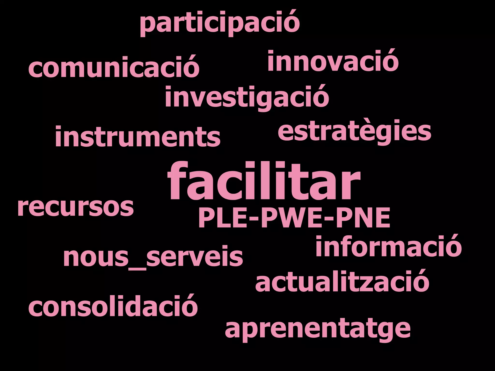 facilitar instruments recursos innovació nous_serveis aprenentatge informació estratègies comunicació participació actualització consolidació investigació PLE-PWE-PNE 