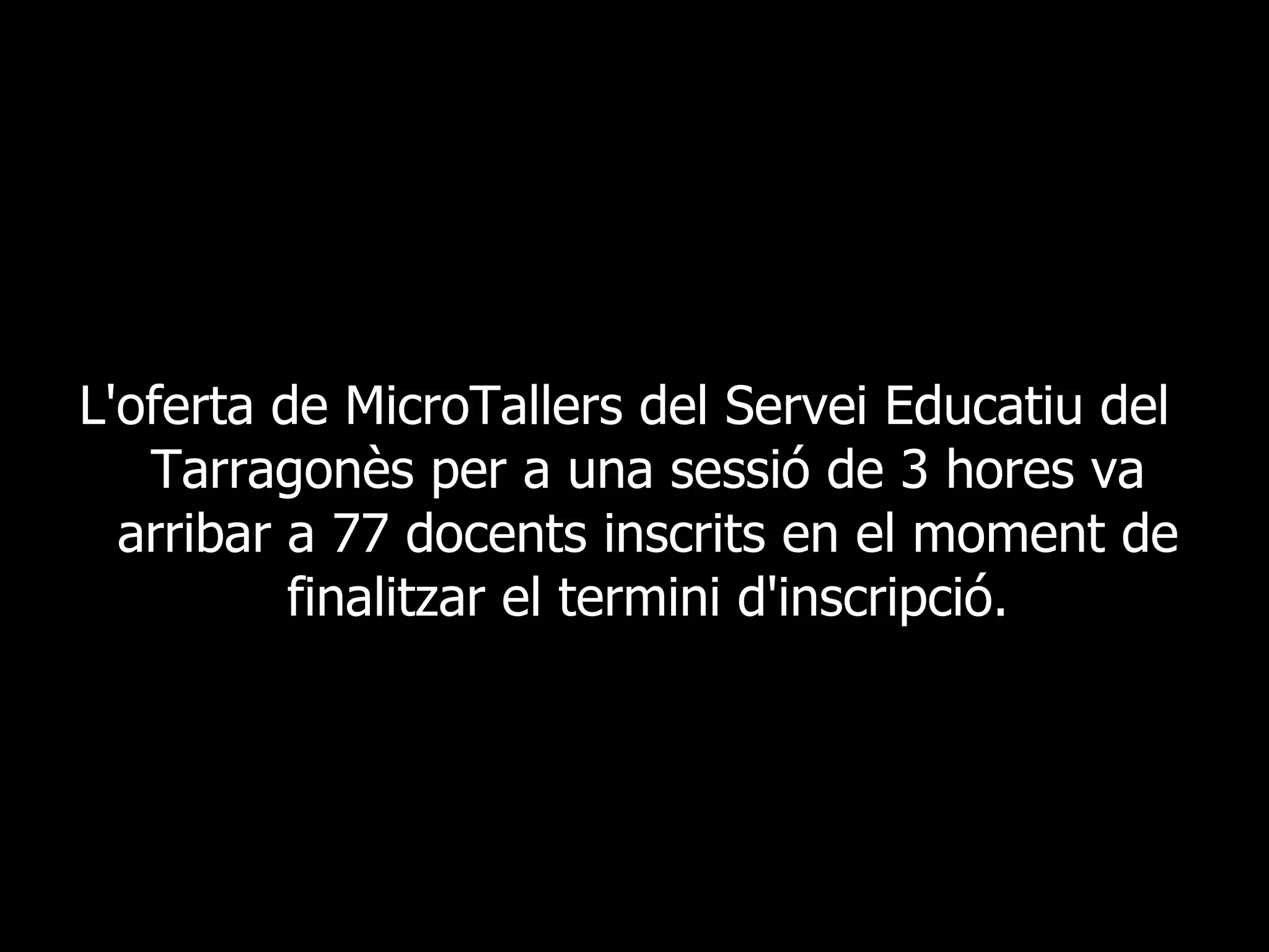 L'oferta de MicroTallers del Servei Educatiu del Tarragonès per a una sessió de 3 hores va arribar a 77 docents inscrits en el moment de finalitzar el termini d'inscripció. 