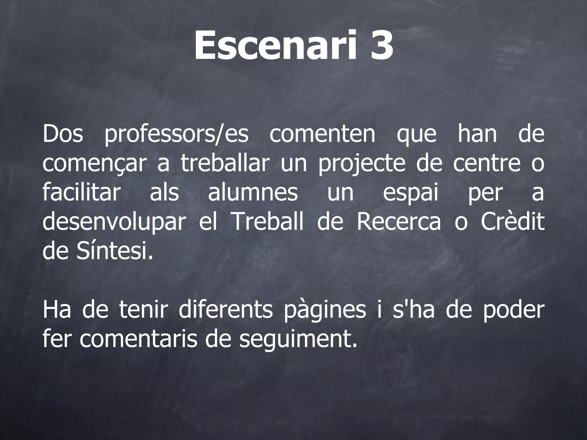 Dos professors/es comenten que han de començar a treballar un projecte de centre o facilitar als alumnes un espai per a desenvolupar el Treball de Recerca o Crèdit de Síntesi.  Ha de tenir diferents pàgines i s'ha de poder fer comentaris de seguiment. Escenari 3 