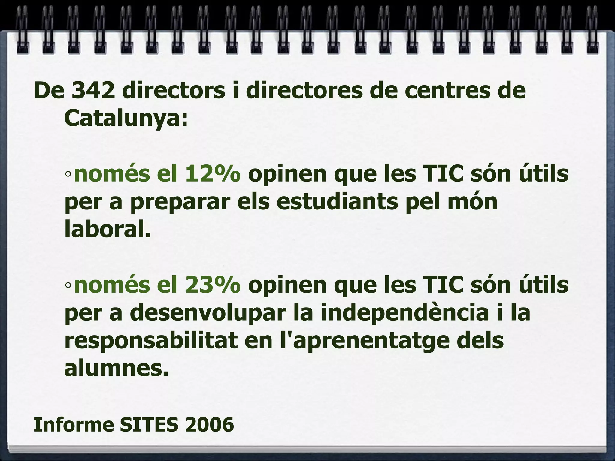 De 342 directors i directores de centres de Catalunya: ◦ només el 12%  opinen que les TIC són útils per a preparar els estudiants pel món laboral. ◦ només el 23%  opinen que les TIC són útils per a desenvolupar la independència i la responsabilitat en l'aprenentatge dels alumnes.  Informe SITES 2006          