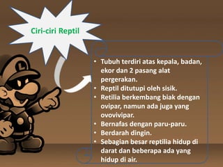 Ciri-ciri Reptil
• Tubuh terdiri atas kepala, badan,
ekor dan 2 pasang alat
pergerakan.
• Reptil ditutupi oleh sisik.
• Retilia berkembang biak dengan
ovipar, namun ada juga yang
ovovivipar.
• Bernafas dengan paru-paru.
• Berdarah dingin.
• Sebagian besar reptilia hidup di
darat dan beberapa ada yang
hidup di air.
 