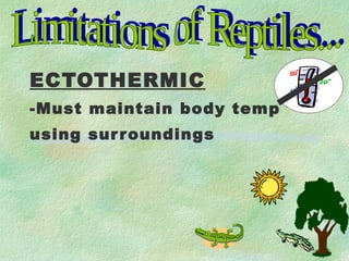 ECTOTHERMIC -Must maintain body temp using surroundings Limitations of Reptiles...