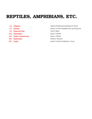 REPTILES, AMPHIBIANS, ETC.
 F-1   Alligators             Allan R. Woodward and Dennis N. David
 F-7   Crayfish               James F. Fowler, Wendell Lorio, and Greg Lutz
 F-9   Frogs and Toads        Paul E. Moler
F-13   Salamanders            James L. Byford
F-15   Snakes, Nonpoisonous   James L. Byford
F-21   Rattlesnakes           Walter E. Howard
F-27   Turtles                James F. Fowler and Jimmy L. Avery
 