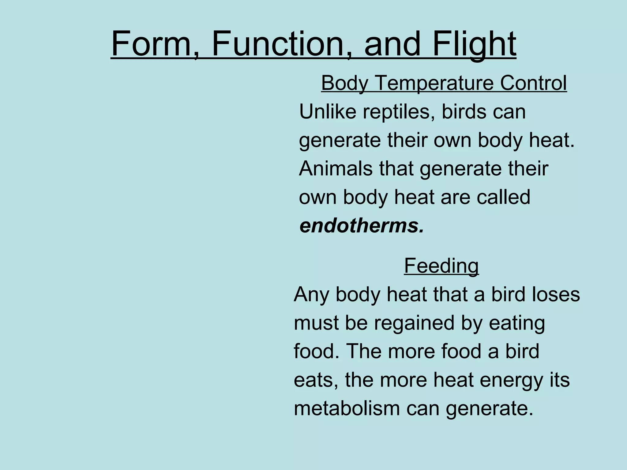 Form, Function, and Flight Body Temperature Control Unlike reptiles, birds can  generate their own body heat.  Animals that generate their  own body heat are called  endotherms. Feeding Any body heat that a bird loses  must be regained by eating food. The more food a bird eats, the more heat energy its metabolism can generate.  