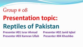 Group # 08
Presentation topic:
Reptiles of Pakistan
Presenter #01 Israr Ahmad Presenter #02 Javid Iqbal
Presenter #03 Kamran Ullah Presenter #04 Khoshbo
 
