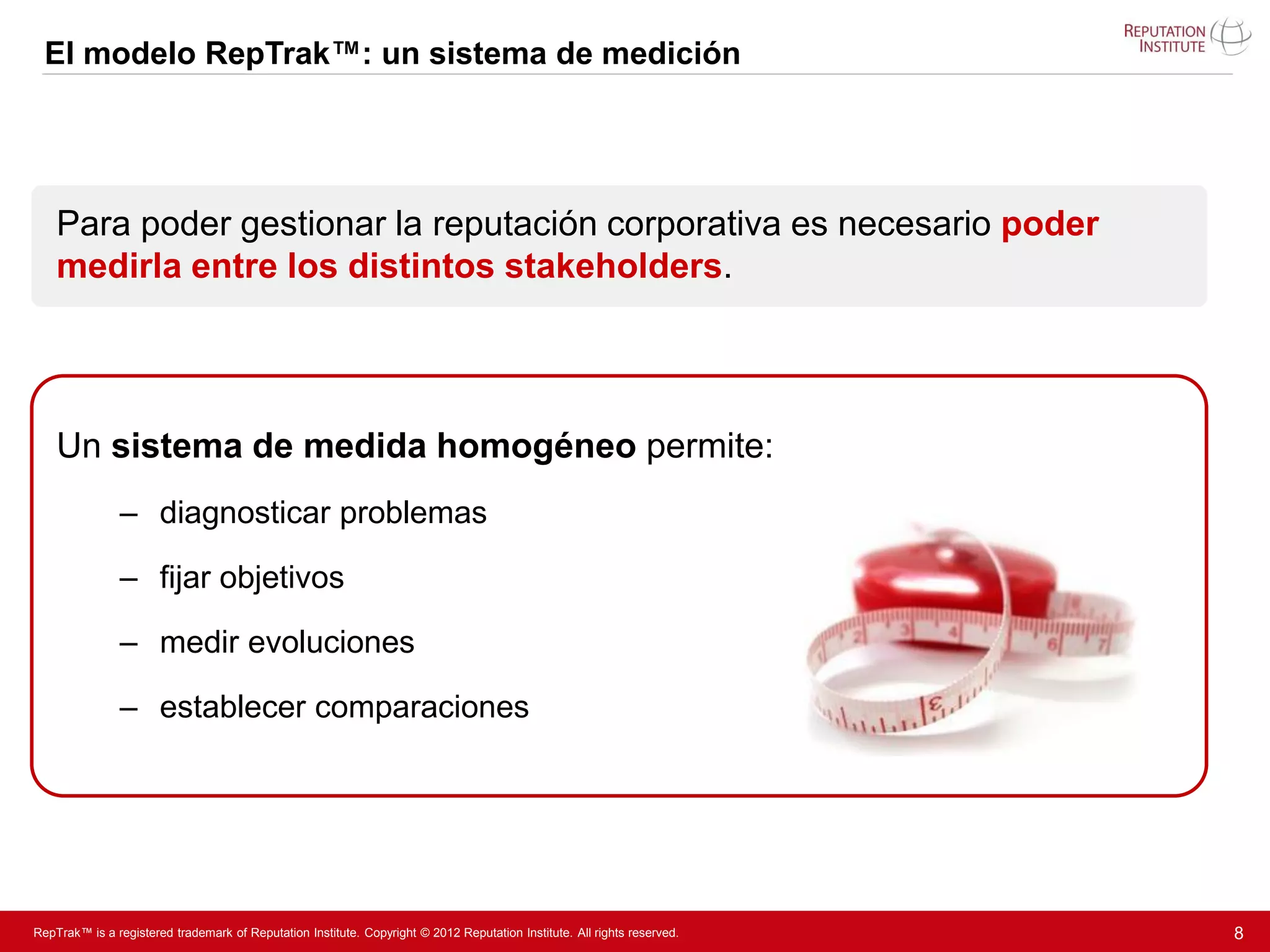 El modelo RepTrak™: un sistema de medición




    Para poder gestionar la reputación corporativa es necesario poder
    medirla entre los distintos stakeholders.




    Un sistema de medida homogéneo permite:
               – diagnosticar problemas

               – fijar objetivos

               – medir evoluciones

               – establecer comparaciones




RepTrak™ is a registered trademark of Reputation Institute. Copyright © 2012 Reputation Institute. All rights reserved.   8
 