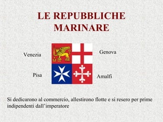 LE REPUBBLICHE
MARINARE
Genova
AmalfiPisa
Venezia
Si dedicarono al commercio, allestirono flotte e si resero per prime
indipendenti dall’imperatore
 