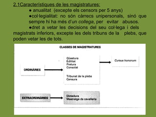 2.1Característiques de les magistratures:
● anualitat (excepte els censors per 5 anys)
●col·legialitat: no són càrrecs unipersonals, sinó que
sempre hi ha més d’un collega, per evitar abusos.
●dret a vetar les decisions del seu col·lega i dels
magistrats inferiors, excepte les dels tribuns de la plebs, que
poden vetar les de tots.
 