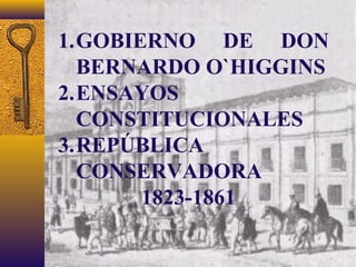 1.GOBIERNO DE DON
BERNARDO O`HIGGINS
2.ENSAYOS
CONSTITUCIONALES
3.REPÚBLICA
CONSERVADORA
1823-1861
 