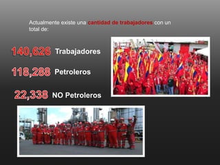 Actualmente existe una cantidad de trabajadores con un
total de:
Trabajadores
Petroleros
NO Petroleros
 