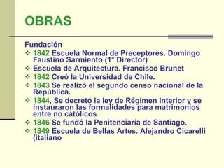 OBRAS Fundación 1842  Escuela Normal de Preceptores. Domingo Faustino Sarmiento (1° Director) Escuela de Arquitectura. Francisco Brunet 1842  Creó la Universidad de Chile.   1843  Se realizó el segundo censo nacional de la República.  1844 , Se decretó la ley de Régimen Interior y se instauraron las formalidades para matrimonios entre no católicos   1846   Se fundó la Penitenciaría de Santiago.  1849  Escuela de Bellas Artes. Alejandro Cicarelli (italiano 