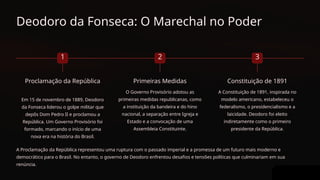 Deodoro da Fonseca: O Marechal no Poder
1
Proclamação da República
Em 15 de novembro de 1889, Deodoro
da Fonseca liderou o golpe militar que
depôs Dom Pedro II e proclamou a
República. Um Governo Provisório foi
formado, marcando o início de uma
nova era na história do Brasil.
2
Primeiras Medidas
O Governo Provisório adotou as
primeiras medidas republicanas, como
a instituição da bandeira e do hino
nacional, a separação entre Igreja e
Estado e a convocação de uma
Assembleia Constituinte.
3
Constituição de 1891
A Constituição de 1891, inspirada no
modelo americano, estabeleceu o
federalismo, o presidencialismo e a
laicidade. Deodoro foi eleito
indiretamente como o primeiro
presidente da República.
A Proclamação da República representou uma ruptura com o passado imperial e a promessa de um futuro mais moderno e
democrático para o Brasil. No entanto, o governo de Deodoro enfrentou desafios e tensões políticas que culminariam em sua
renúncia.
 